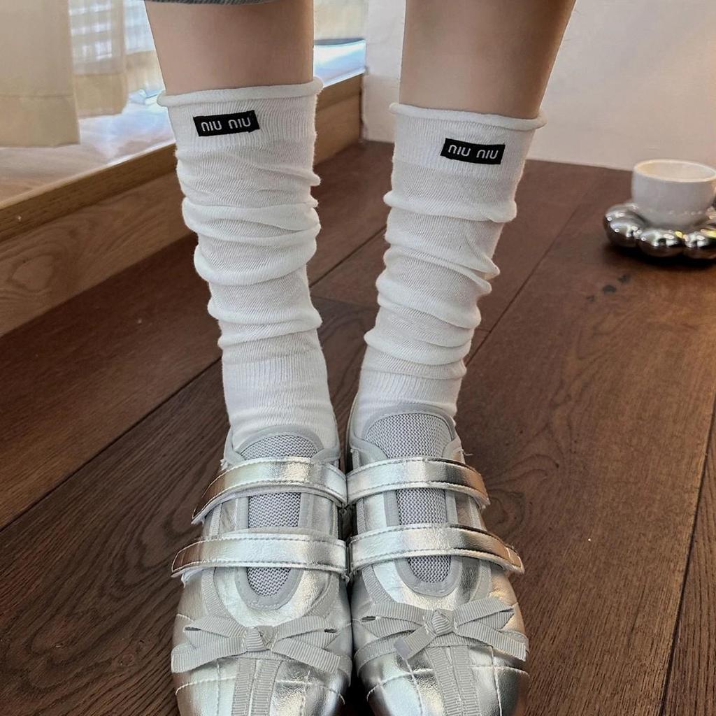 Gray Ballet Scrunched Over-the-Knee Socks for Women - Spring/Autumn Calf-Length with Miu Style Label