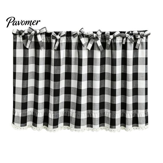 Window Valance with Lace Trim Buffalo Check Valance, Ruffled Curtain And Bows, Small Valances Light Filtering Rod Pocket for Kitchen Living
