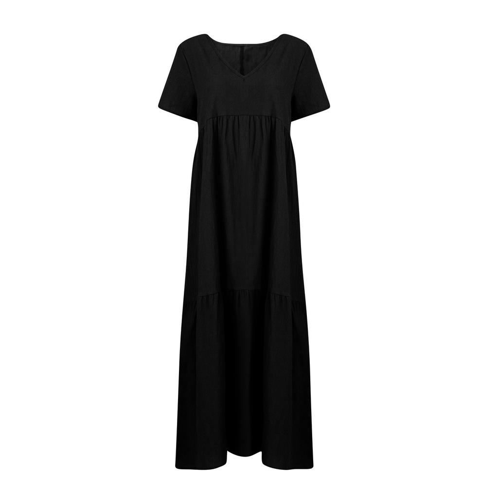 Женское летнее модное однотонное платье с v-образным вырезом большого размера, свободное длинное большое свободное платье с короткими рукавами