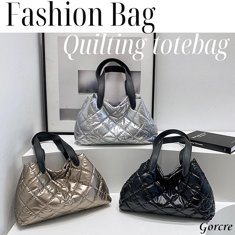 [Gorcre] quilting mini tote bag ladies luster quilt tote bag Shoulder bag lightweight commute Commuting to school casual (Silver)