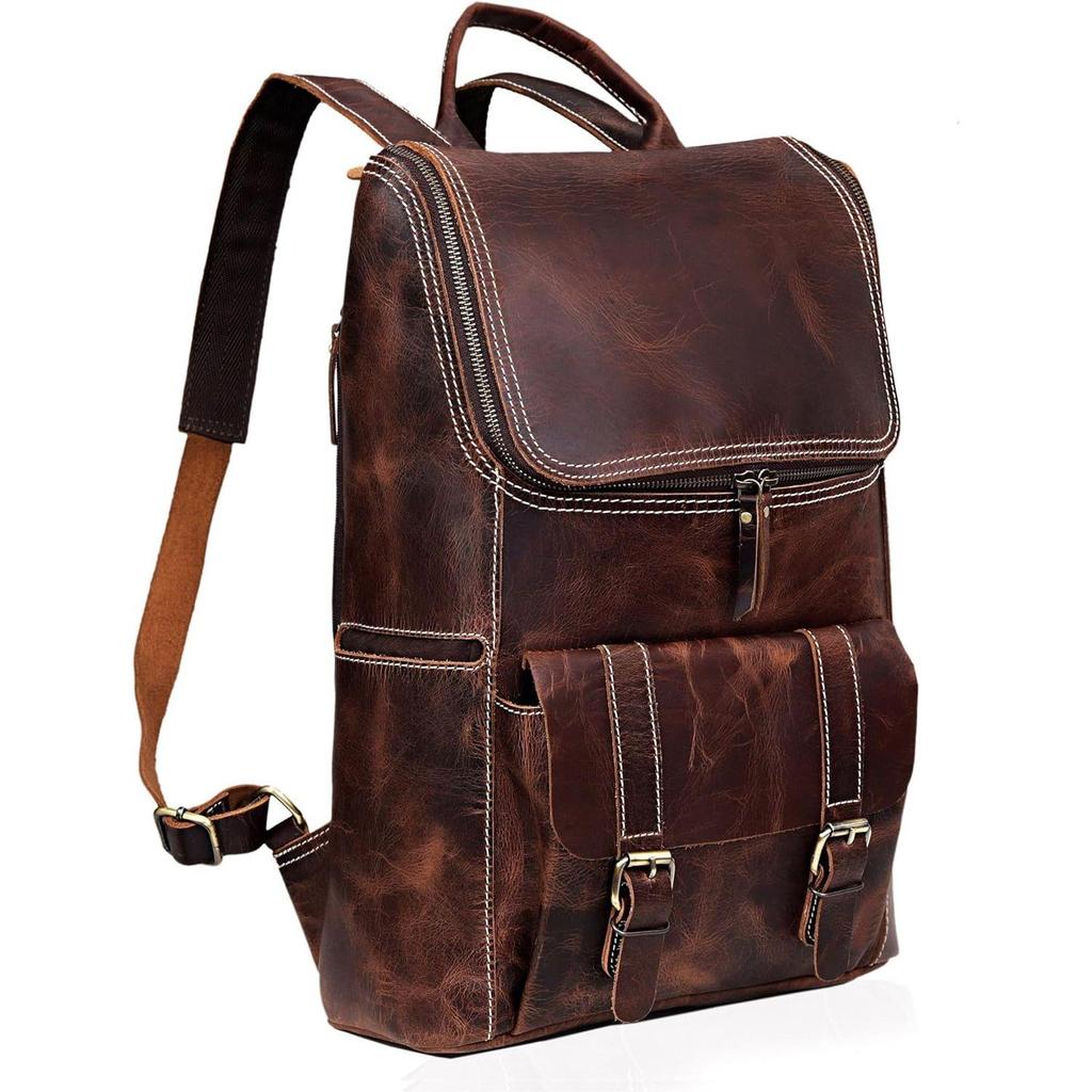 Full Grain Leather Backpack for Men - 17 Inch Laptop Bag - Vintage Travel Rucksack - Casual Daypack for Womens