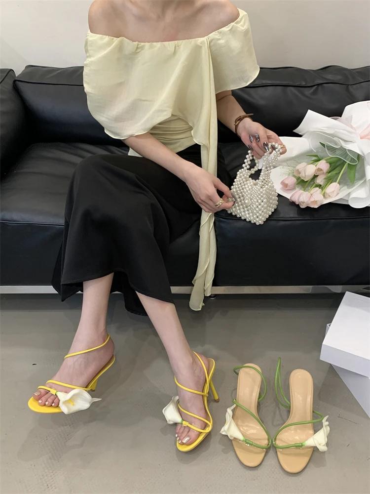 Fashion Sexy PVC Transparent Flower Narrow Band Women Sandals Street Style Open Toe Thin High Heels Party Prom Shoes