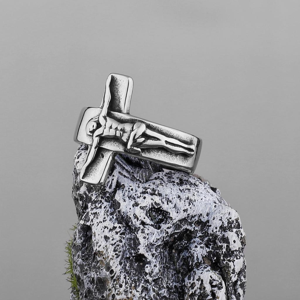 Retro Cross Jesus Stainless Steel Ring for Men & Women Antique Gothic Metal Ring Zircon Christian Accessories Blessing Gift