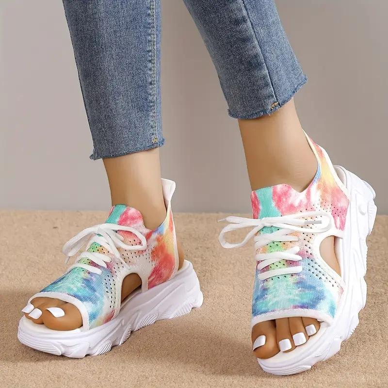 2024 Women's Tie Dye Knit Sports Sandals Peep Toe Lace Up Cut-out Slip On Shoes Comfy Slingback Platform Sandals