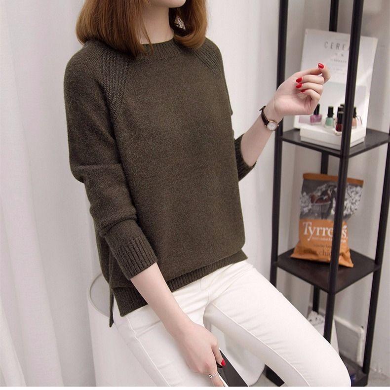 Женский осенне-зимний свитер, женский свободный корейский вариант, однотонный, с длинными рукавами, базовый свитер, пуловер, круглый вырез, вязаный свитер, топ
