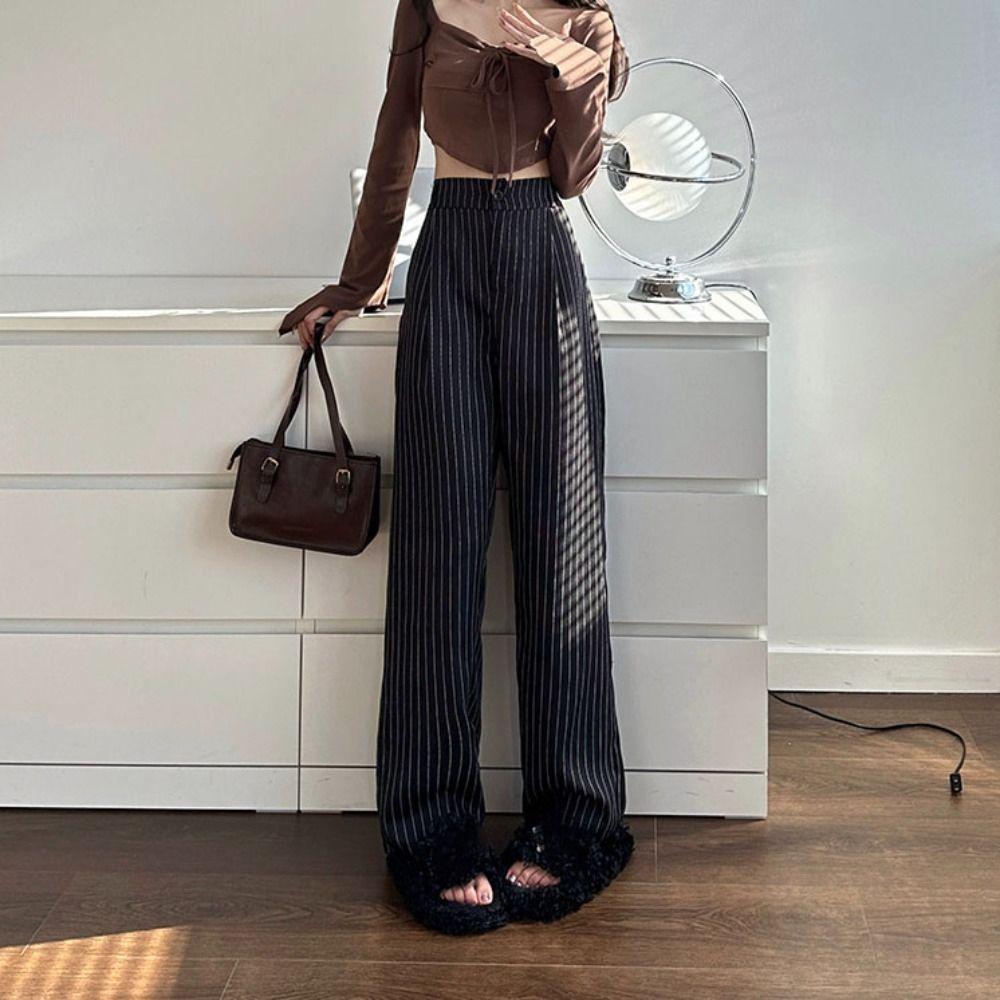 Workout Trousers Casual Pants Women High Waist Wide Leg Pants Breathable Striped Suit Pants Female