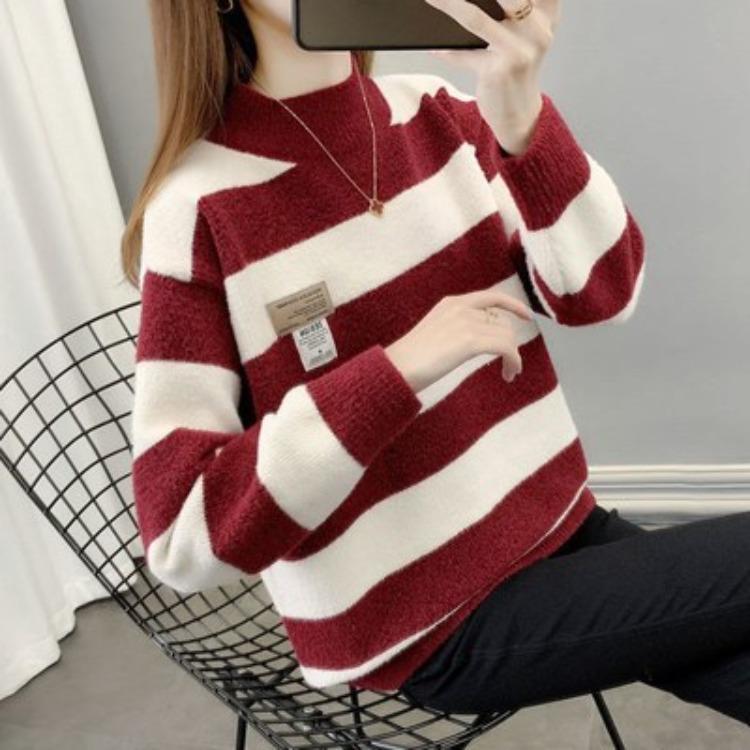 Color Blocked Womens Sweater Striped Autumn And Winter New Korean Version Loose And Thick Knitted Sweater