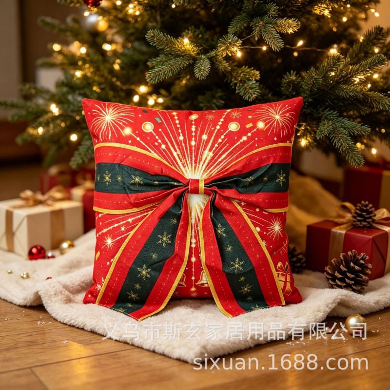 Christmas Pillow Cover With Bow Tie Decorative Square Cushion Case Sofa Chair Living Room Holiday Home Decoration