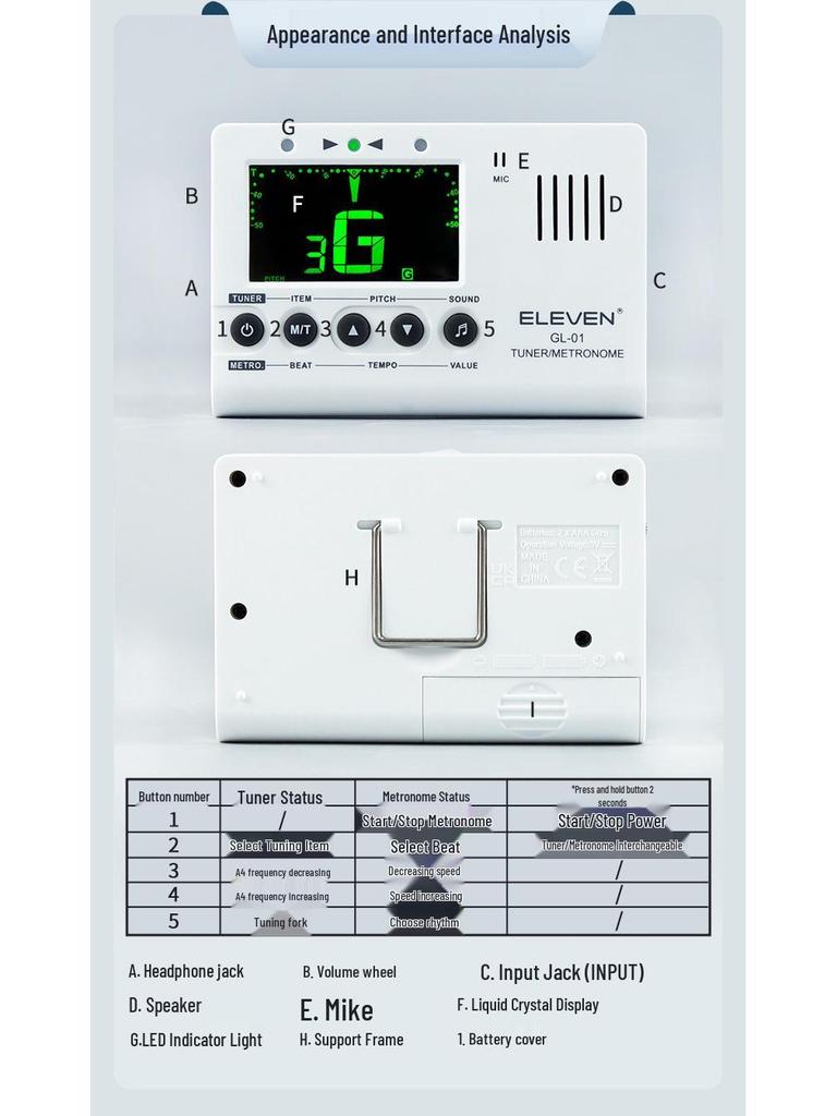 ELEVEN Three-in-One Guitar, Violin, and Bass Tuner with Calibrator & Metronome
