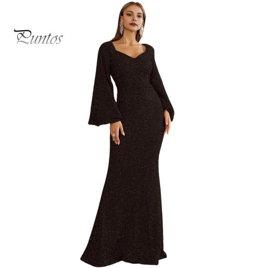 Женское вечернее платье с рукавами-колокольчиками, пайетками, А-силуэта, облегающего кроя, глубоким вырезом, V-образным вырезом, макси-платье со средней талией и застежкой-молнией сзади, выпускное платье