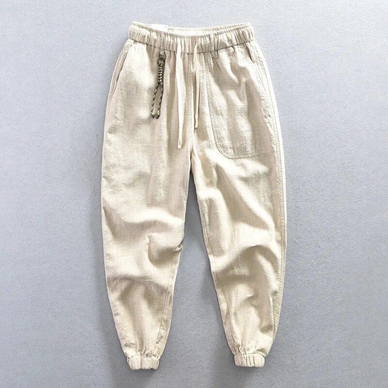 Spring and Summer Cotton Linens Pants for Men Streetwear Casual Cargo Pants Solid Ankle-Tied Drawstring Elastic Waist Men Trousers Japanese Loose Pant