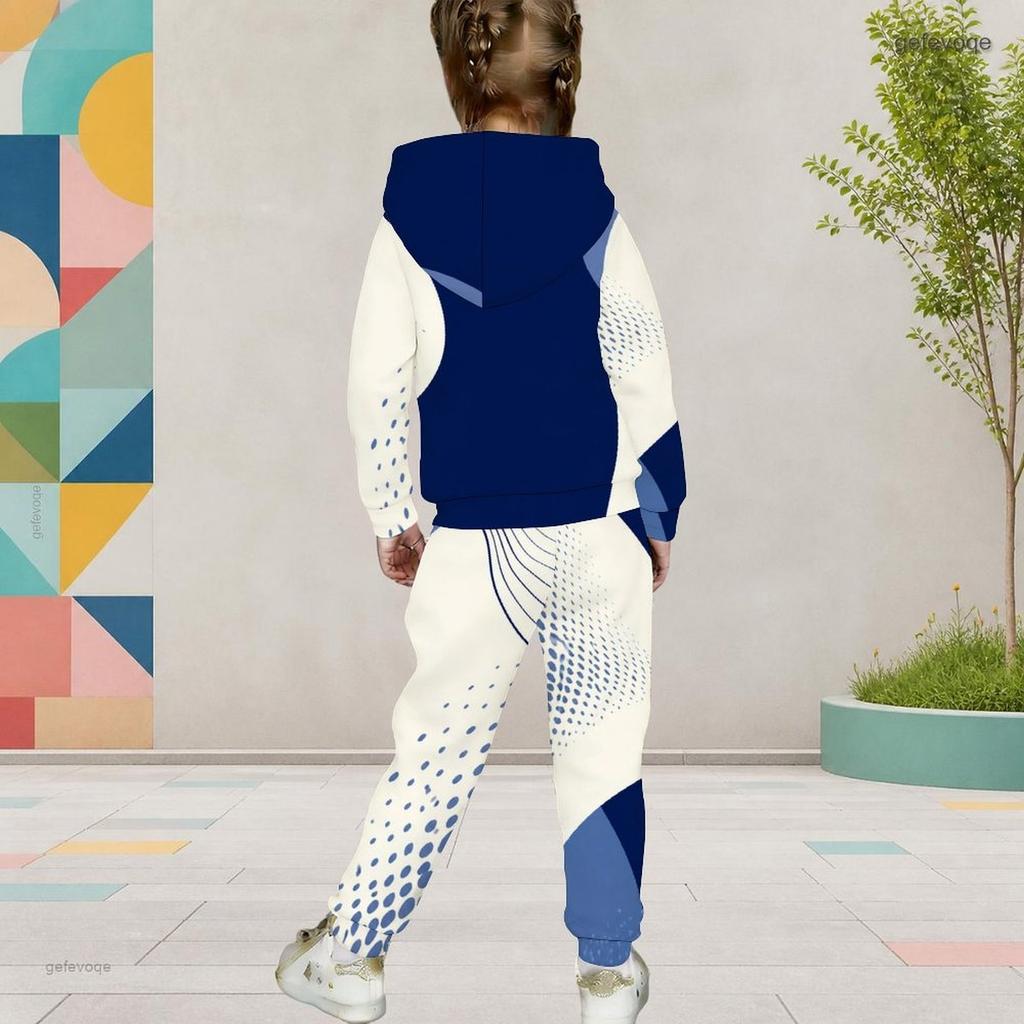 Girls Abstract Printed Hooded Long Sleeve Kangaroo Pocket Top Cuffed Pants Two Piece Set