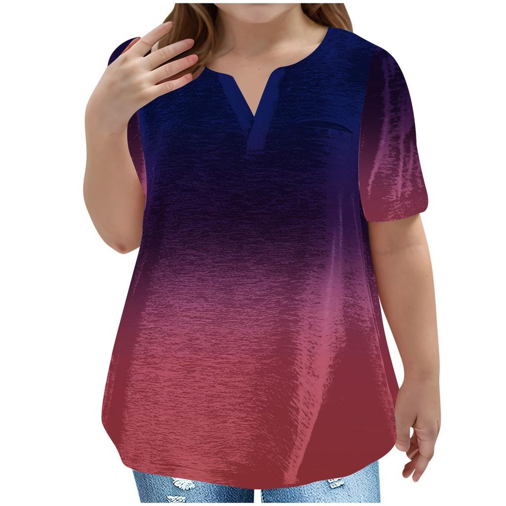 Children's Plus-size T-shirt Gradient Casual Fashion V-neck Short-sleeved Pocket Top