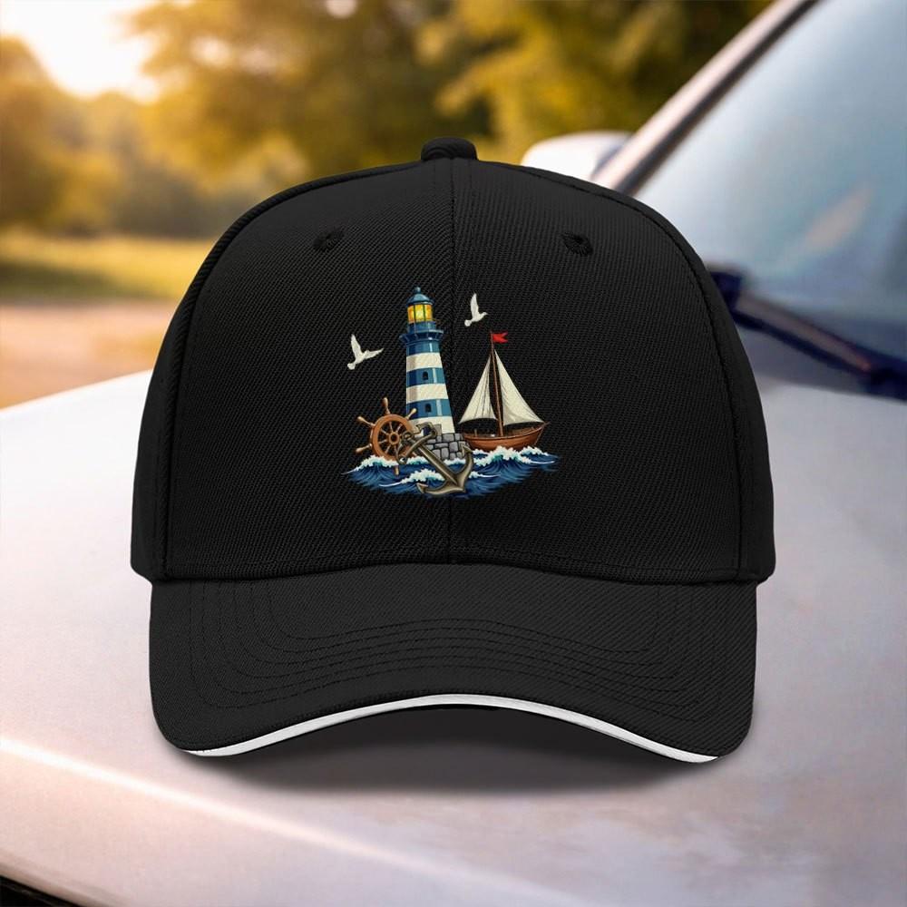 Nautical Lighthouse Sailboat Beach Baseball Cap Adjustable Polyester Classic Curved Brim Hat for Unisex