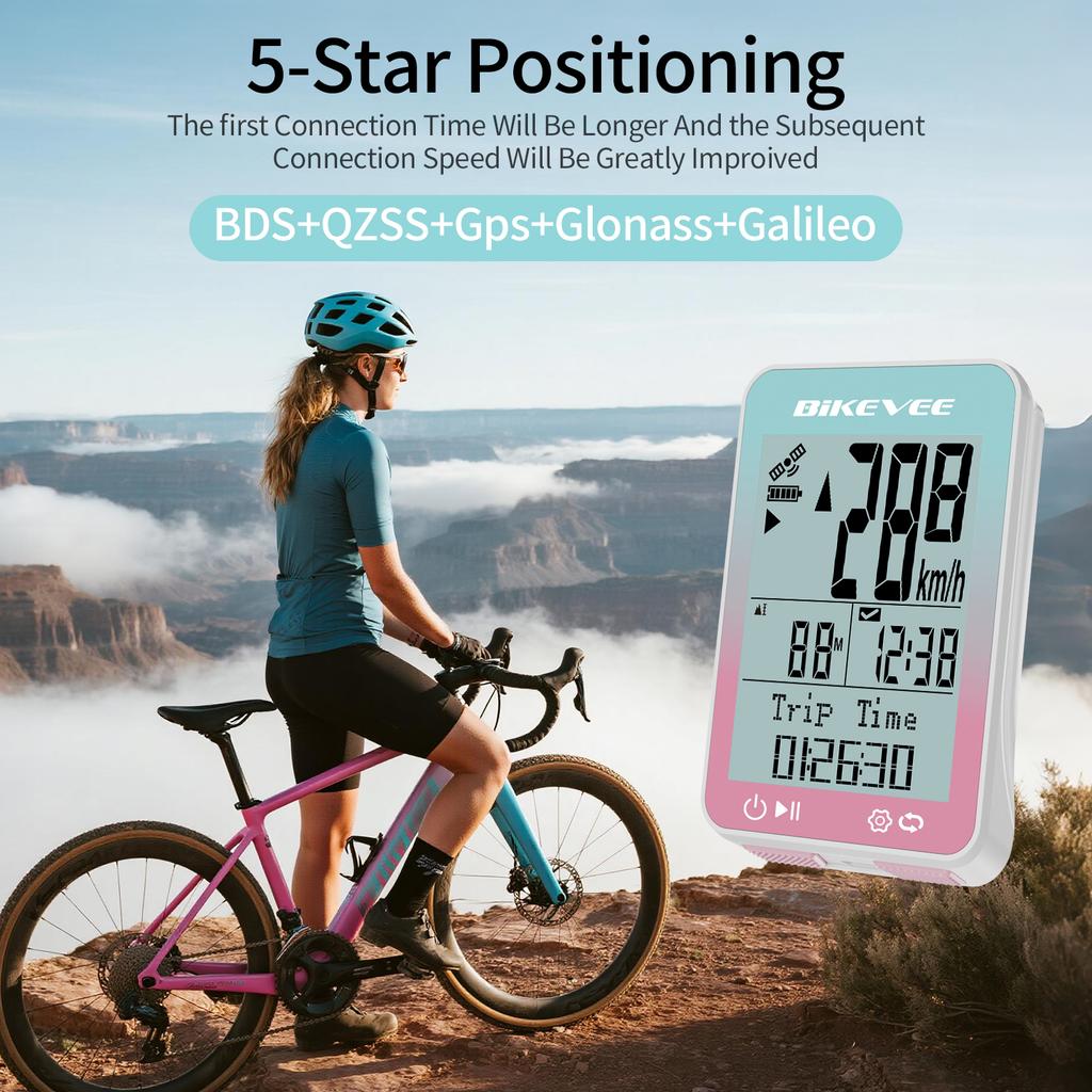 Bikevee Sports Fitness Wireless Bike Speedometer GPS Bicycle Computer 8 Languages IPX7 Waterproof 2.4" LCD Display MPH KM/H with Auto
