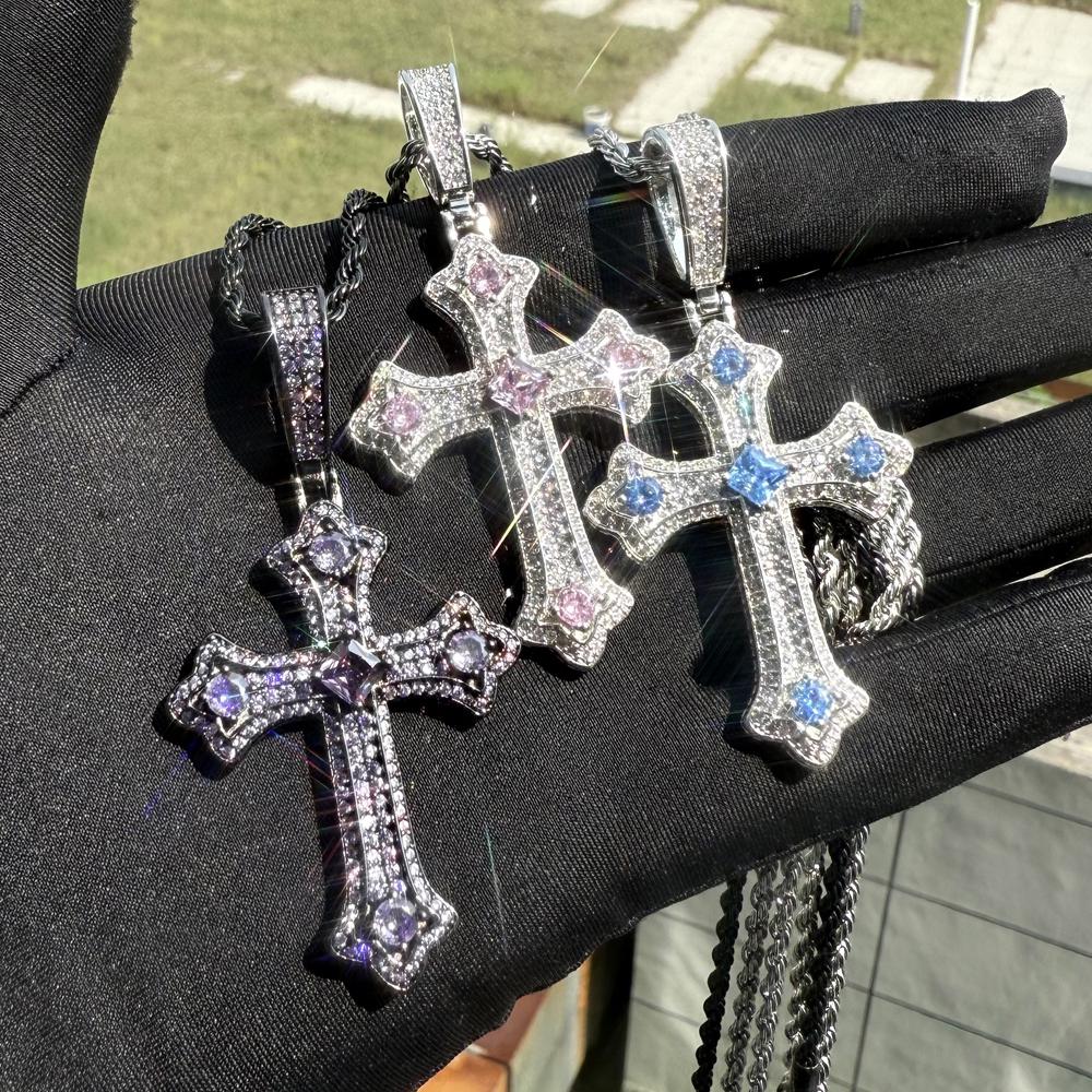 Fashion Design Two Tone Cross Pendant Men Hip Hop Necklace Full Paved Iced Out Cubic Zirconia Geometric Pink Blue Purple Cross
