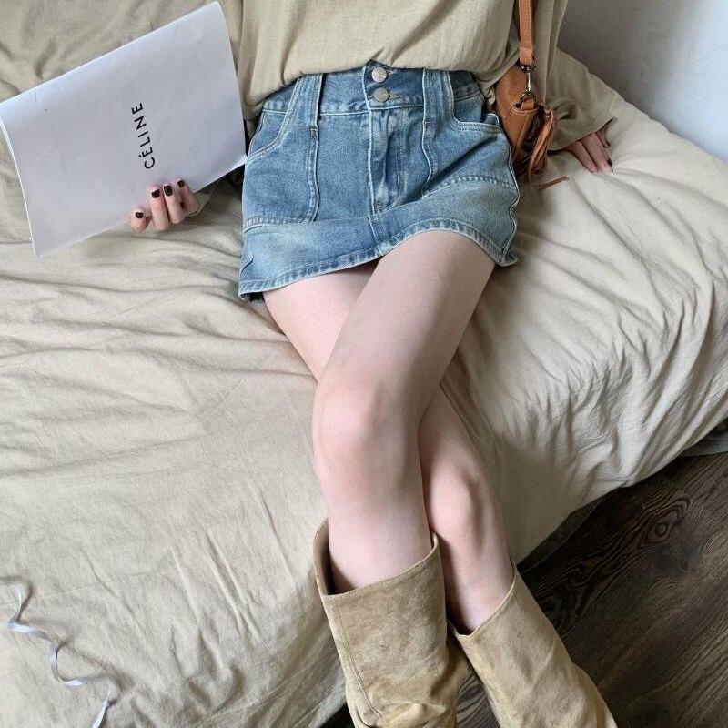 Летняя винтажная А-силуэтная мини-юбка в обтяжку бедер, ретро-повседневная джинсовая юбка с пуговицами и карманами, модная короткая юбка с высокой талией, 25402