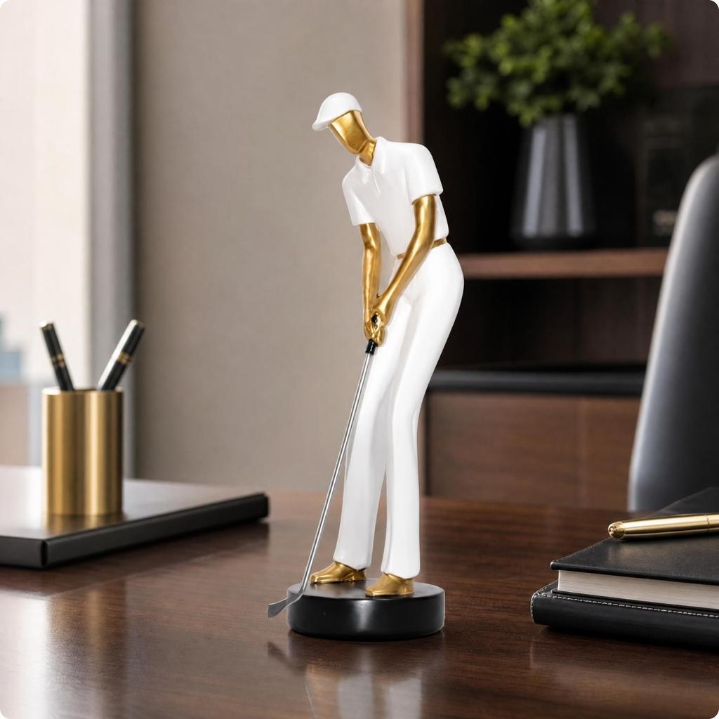 Golfer Figurine with Black Oval Base White and Resin Geometric Golf Player Sculpture