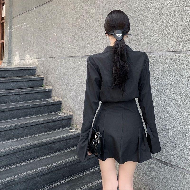 Black Shirt Dress Women Elegant Vintage Long Sleeve Dresses Sexy Gothic Pleated Streetwear Turn-down Collar Casual Robe