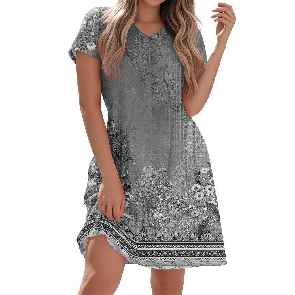 Женское модное повседневное платье с короткими рукавами и V-образным вырезом в винтажном цветочном стиле для домашнего отпуска