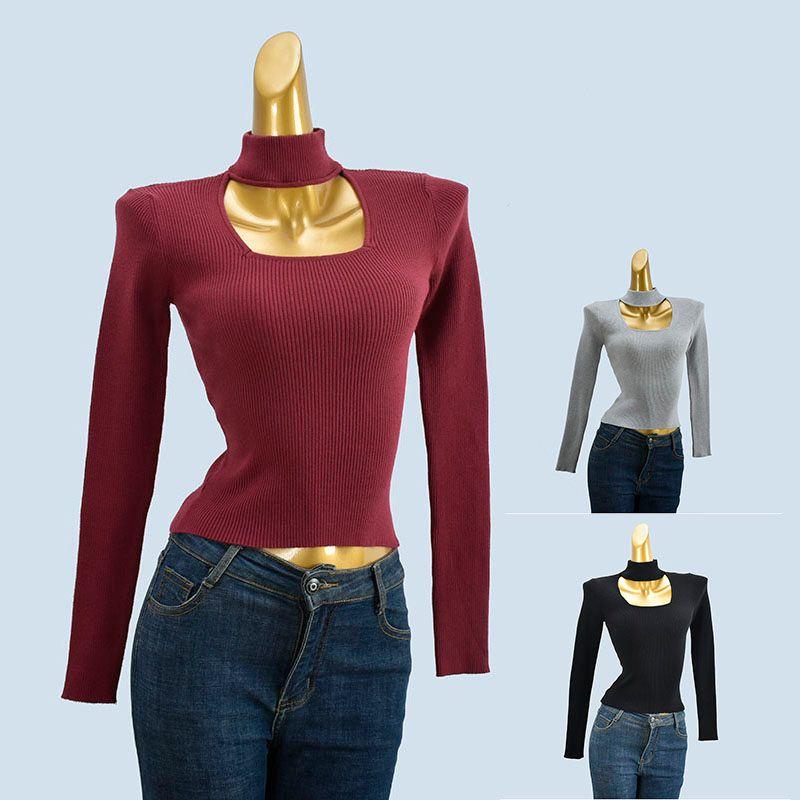 Orders Halterneck Long-Sleeved Cut Out Half Turtleneck Bottoming Shirt Women's Autumn and Winter Sexy Inner Wear Western Style Unique Chic Tops