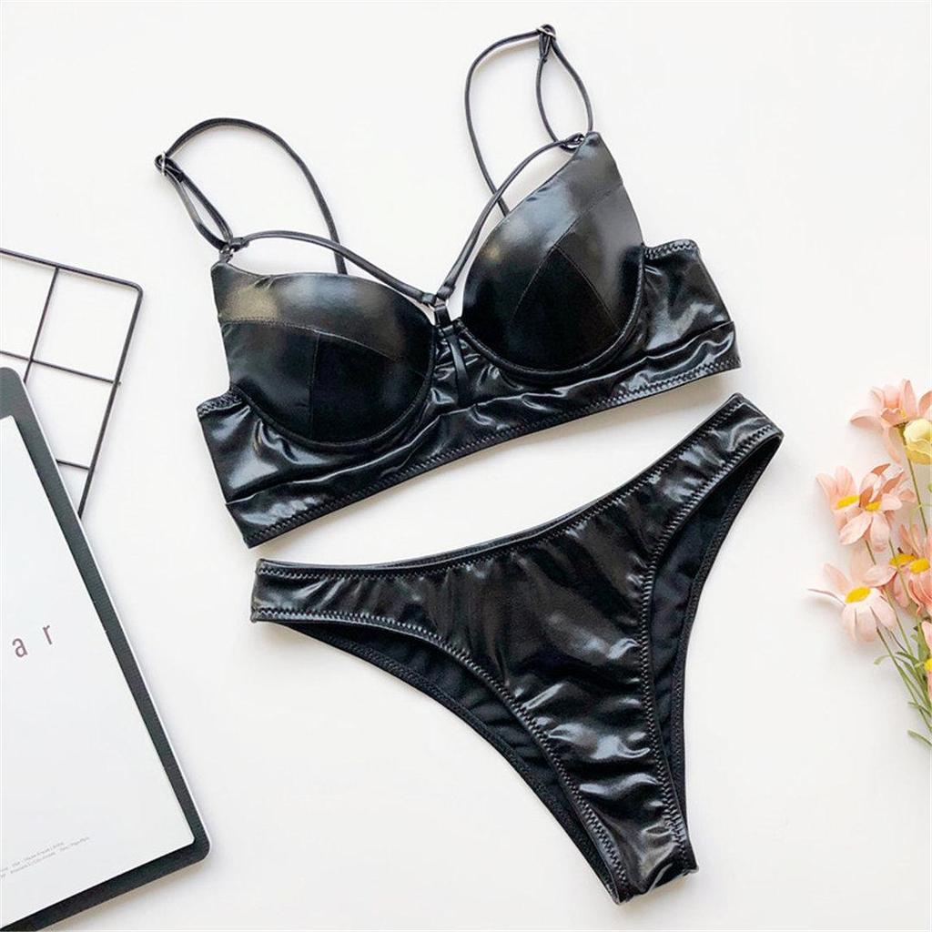 Сексуальное блестящее бикини из искусственной кожи, женский купальник, женский купальник, комплект бикини, бюстгальтер с чашкой, купальный костюм