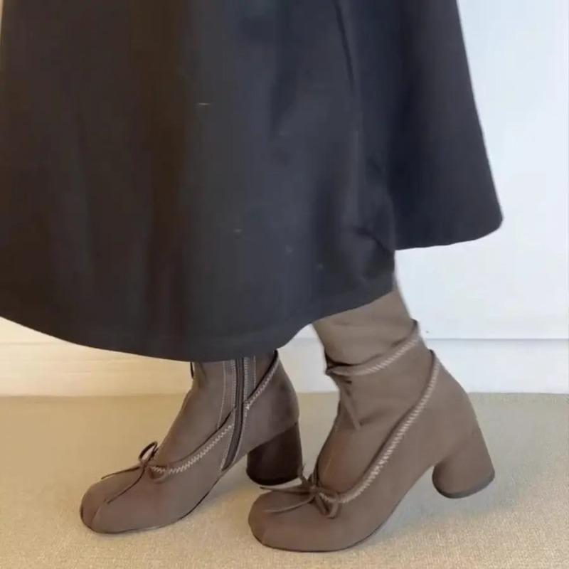 Модные ботильоны на толстом каблуке в стиле французского балета, женские ботильоны с бабочкой, с круглым носком, короткие ботинки на молнии сбоку, эластичные ботильоны до середины икры
