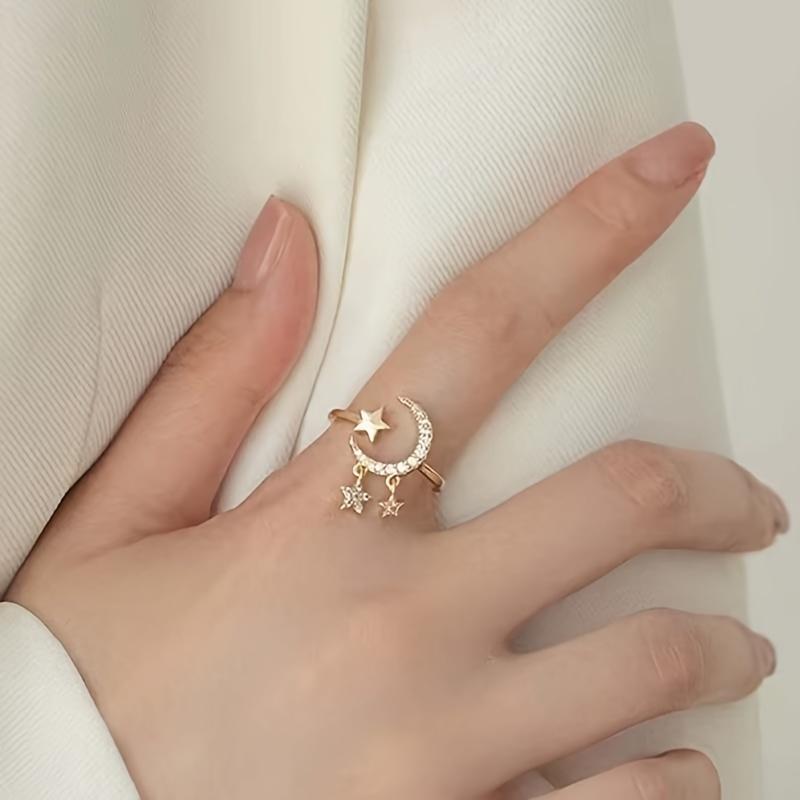Zircon open moon ring, adjustable artificial pearl ring, zircon open ring, fashionable party jewelry