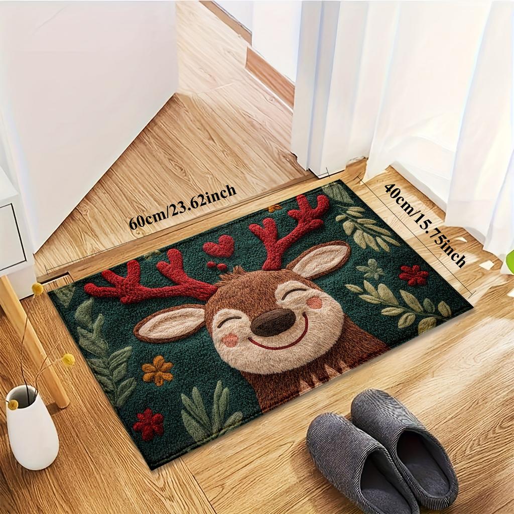1PCS Fluffy Christmas Deer Microfiber Bath Mat - Quick-Dry & Absorbent, Festive Holiday Design with Red Berries & Green Leaves