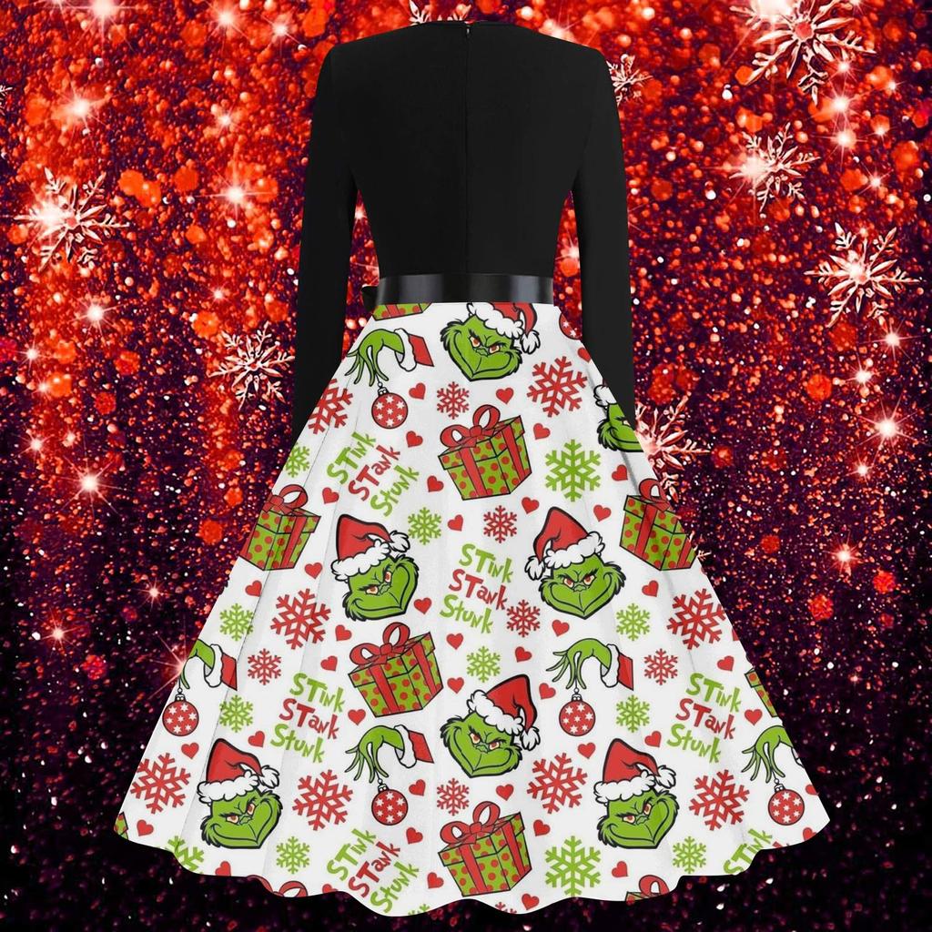 Рождественское расклешенное платье для женщин, платье с длинным рукавом, вечерние повседневные платья