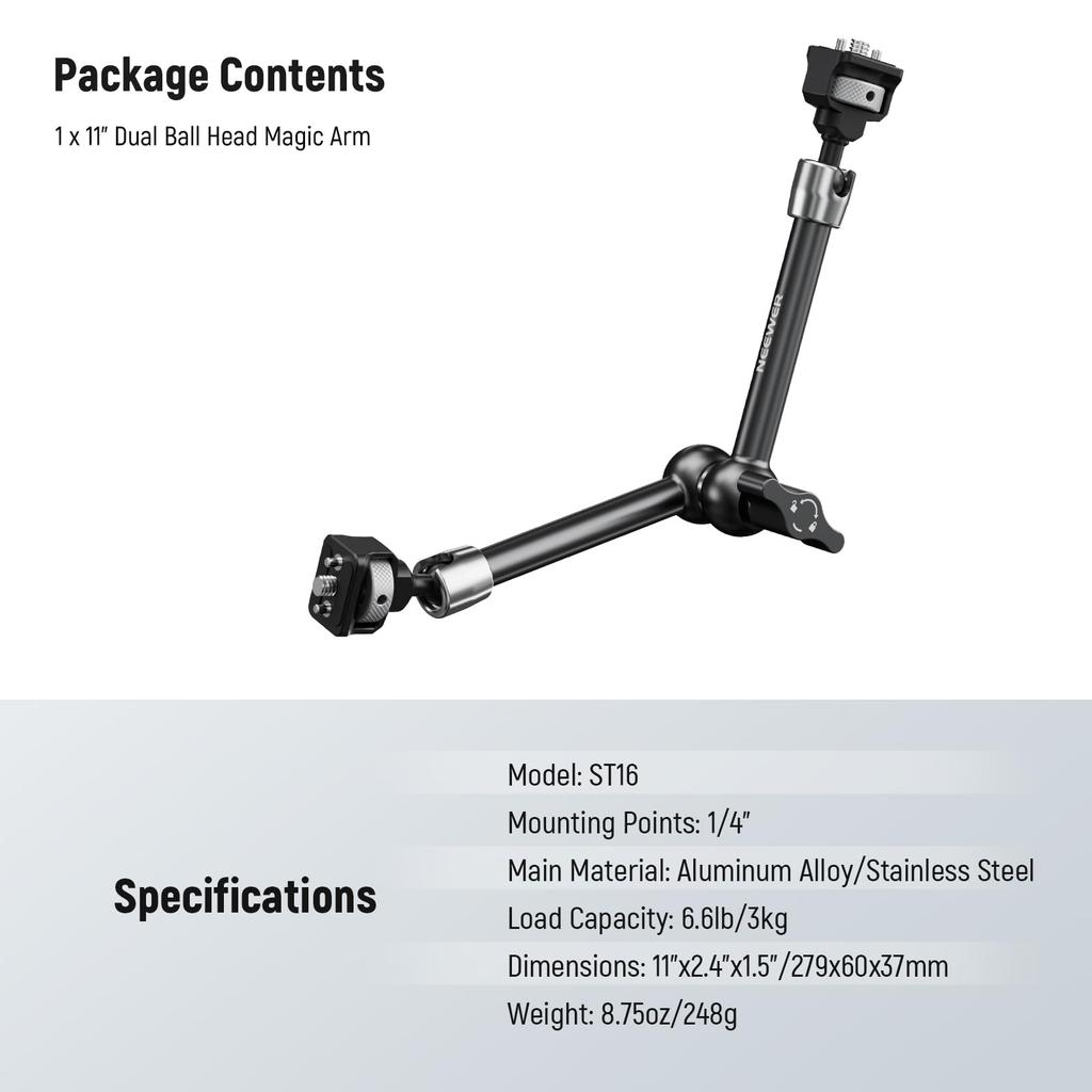 NEEWER Magic Arm Articulating Arm with Ball Locating Screw for Light Compatible SmallRig Cage Rig ST16 11"/28cm 360° Head/ARRI Pin/1/4" DSLR/Action