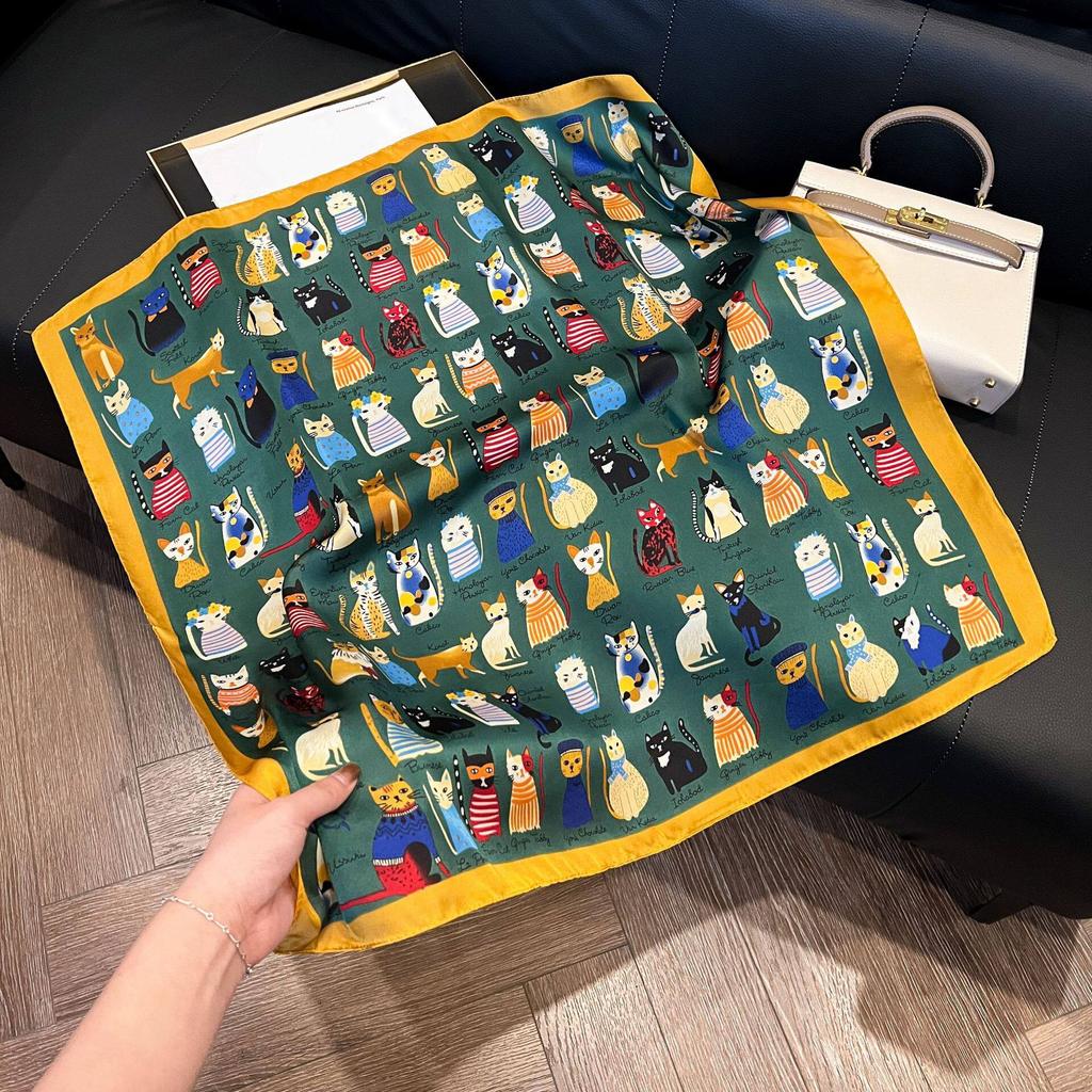 Lightweight Printed Small Square Scarf for Women, Cute Cat Floral Neck Warmer Windproof Bandana Hair Band Silk Scarf for Women