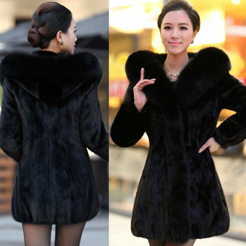 Winter Women's Luxury Faux Rabbit Fur Coat Ladies Hooded Thick Medium-Long Coats Jacket Outwear