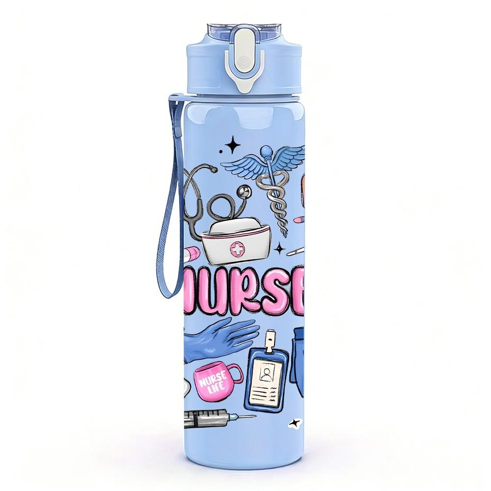 1PC Messy Nurse Work Doodle Cartoon Print 750ml Color Plastic Sports Water Bottle Leakproof Flip Straw Lid Suitable for Sports Office Home Use