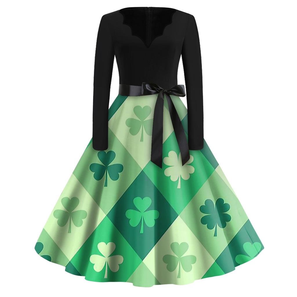 Women's Fashion V-Neck Casual Slim St Patrick's Day Printed Long Sleeve Dresses