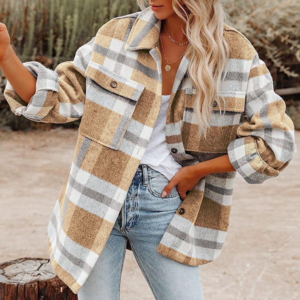Autumn and Winter Women's Shirt Jacket Plaid Button Flannel Tweed Shirt Jacket Tops