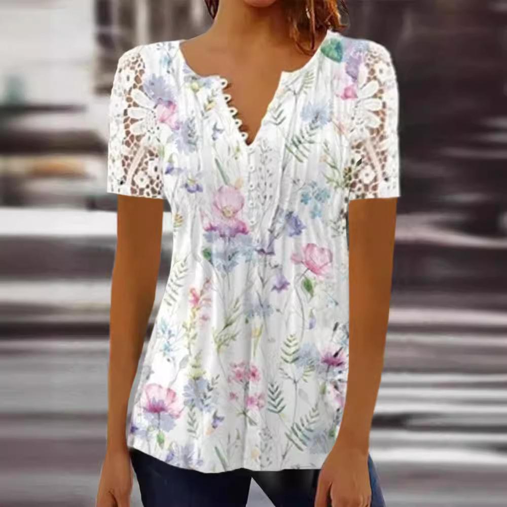 Summer Spring Women's Loose and Comfortable Casual Lace V-Neck Printed Blouse Floral Short Sleeve Elegant Fashion Shirt