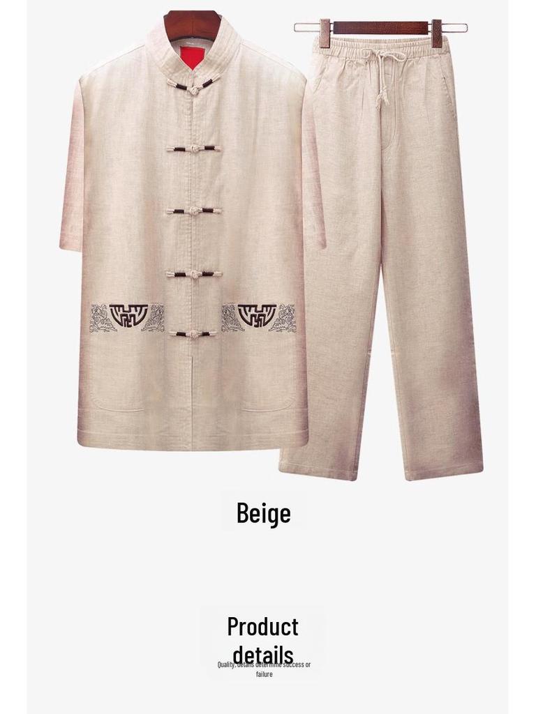 Мужской костюм Тан из хлопка и льна - летний наряд в китайском стиле с короткими рукавами для людей среднего и пожилого возраста