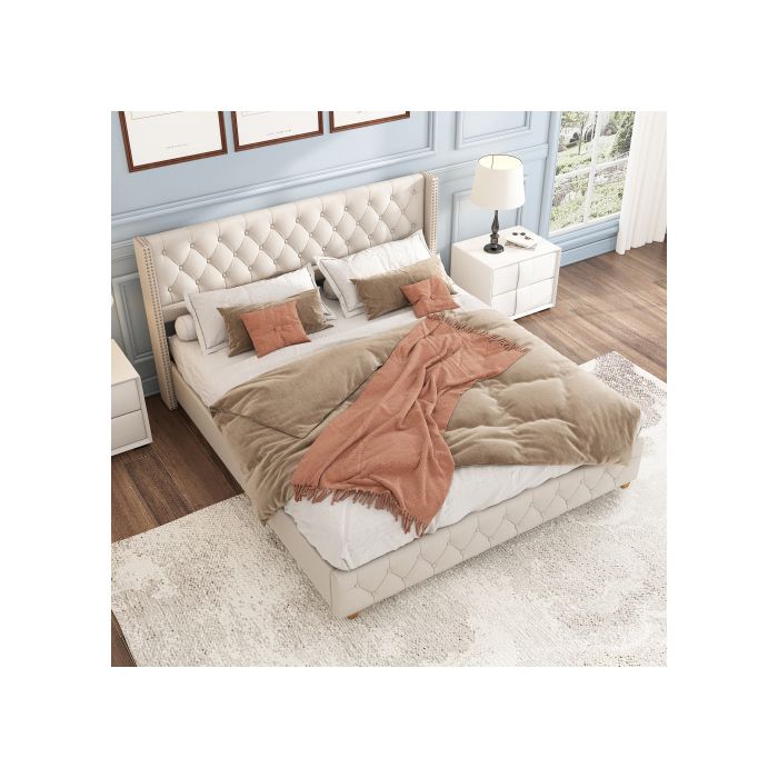 Lit capitonné - MUVOE - 160x200 cm - Lin beige - Sommier à lattes - Pieds en bois rond