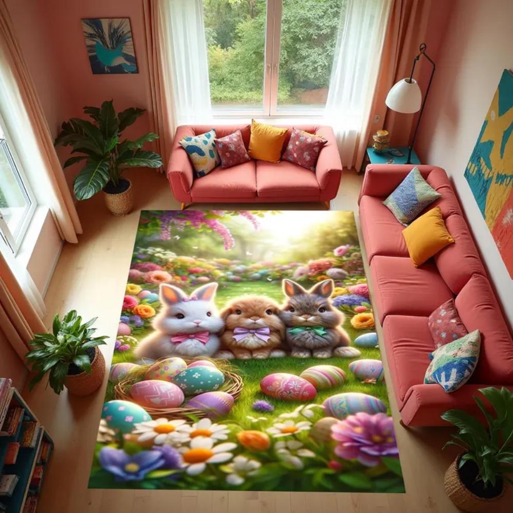 Пасхальный ковер, коврик с тремя кроликами, яйцами, цветами, весенним лугом, украшение для дома для гостиной, приветственный коврик, придверный коврик