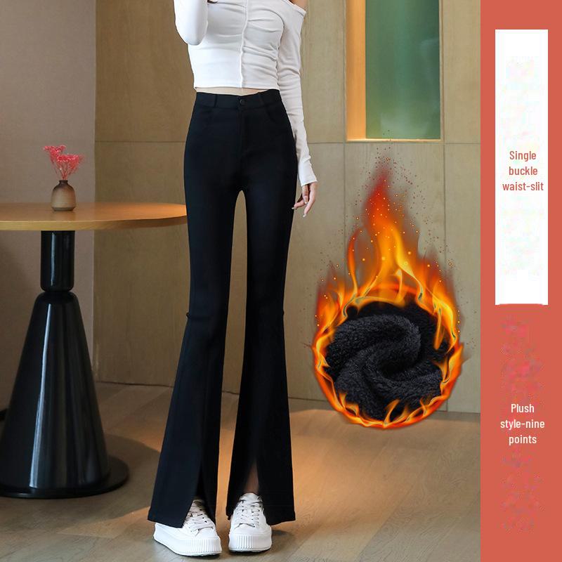 High-Waist Black Plush Flared Pants for Women - Slim-Fitting, Elastic, Avocado Color, Ideal for Autumn/Winter.