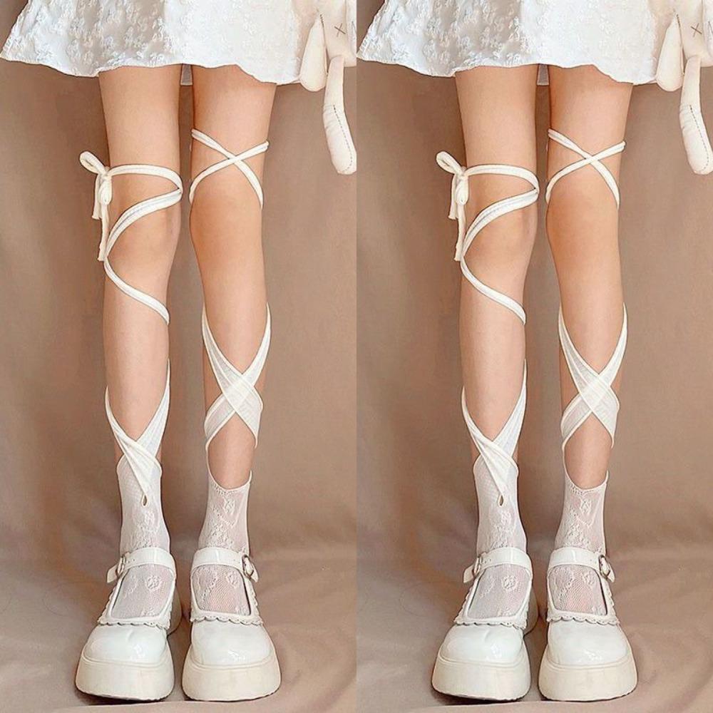2Pairs Irregular Straps JK Lace-up Stockings Hollow Mid Tube Socks Women Lolita Lace Stockings  Gift