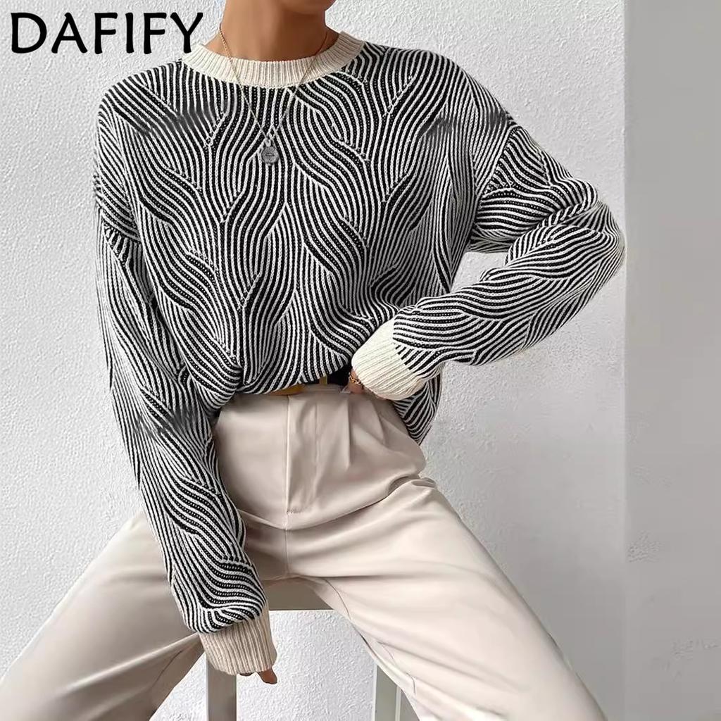 DAFIFY Women's Fashion Casual Fall Winter Stripe Print Long Sleeve O-Neck Sweaters