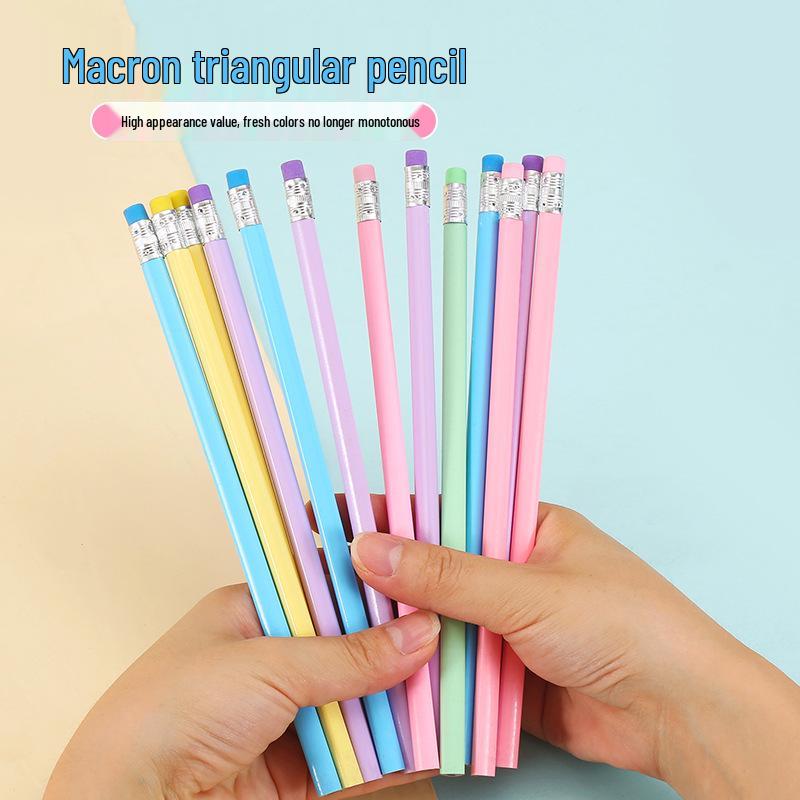 Triangular Macaron HB Pencils: Glossy Basswood with Eraser, Laser-Engraved Colored Lead