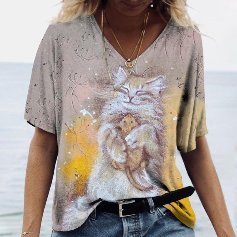 Женская уличная мода футболка с рисунком кота 3D печать короткий рукав универсальная повседневная свободная женская одежда с V-образным вырезом