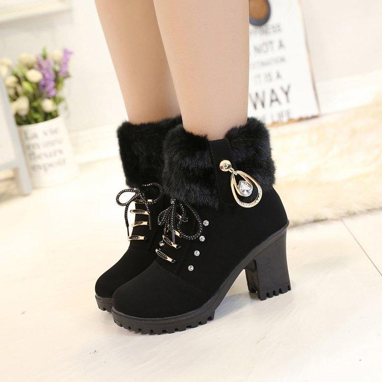 Winter New Rhinestone High Heel Coarse Heel Hairy Mouth Short Plush Martin Women's Large Size Women's Shoes