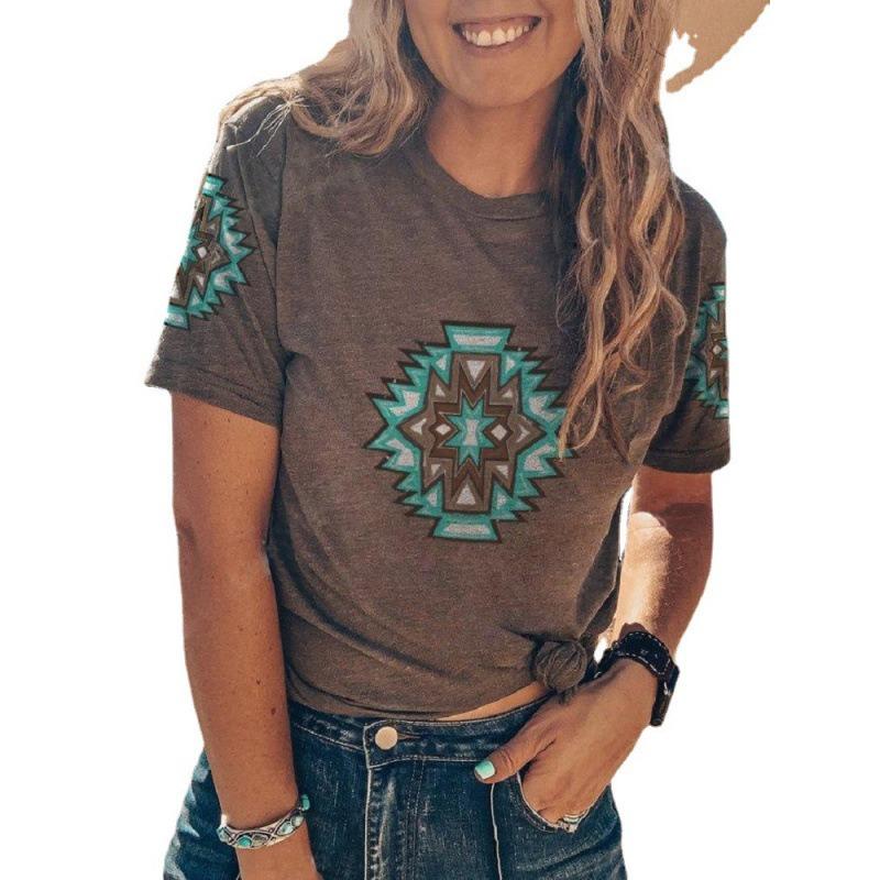 New Women's Clothing, Fashion Crew Neck, Digital Printed Western Style Short Sleeve T-Shirt