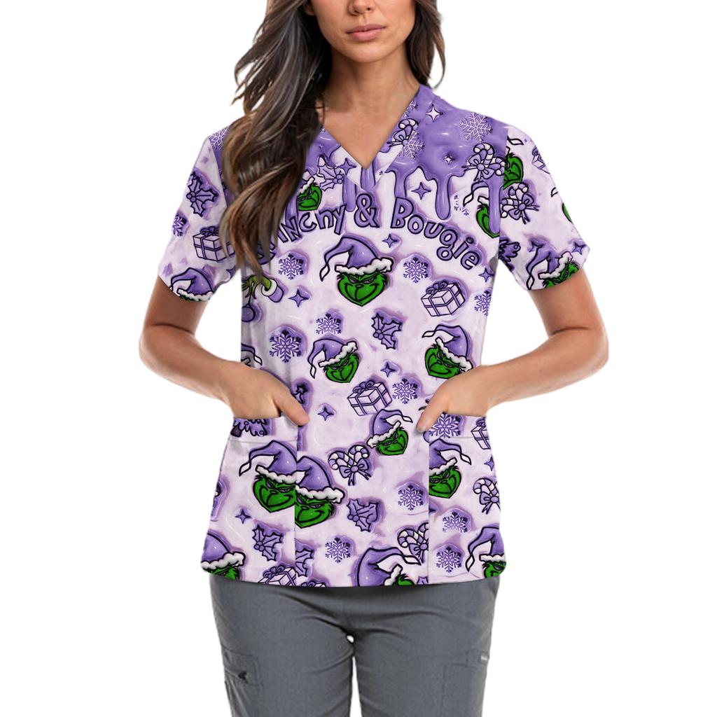 Женская милая блузка с принтом бантиков, рабочая одежда, V-образный вырез, двойной слой, карманы, базовая, с коротким рукавом, пуловер