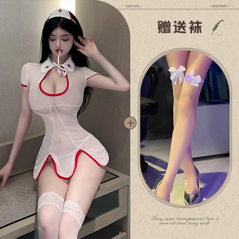 Sexy underwear, sexy nurse uniform, women's hot mesh, perspective temptation, hollow small chest uniform suit