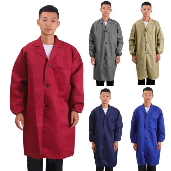 Женское и мужское рабочее пальто с лацканами, длинными рукавами, эластичными манжетами, однотонная моющаяся рабочая куртка с карманом, однобортная верхняя одежда средней длины